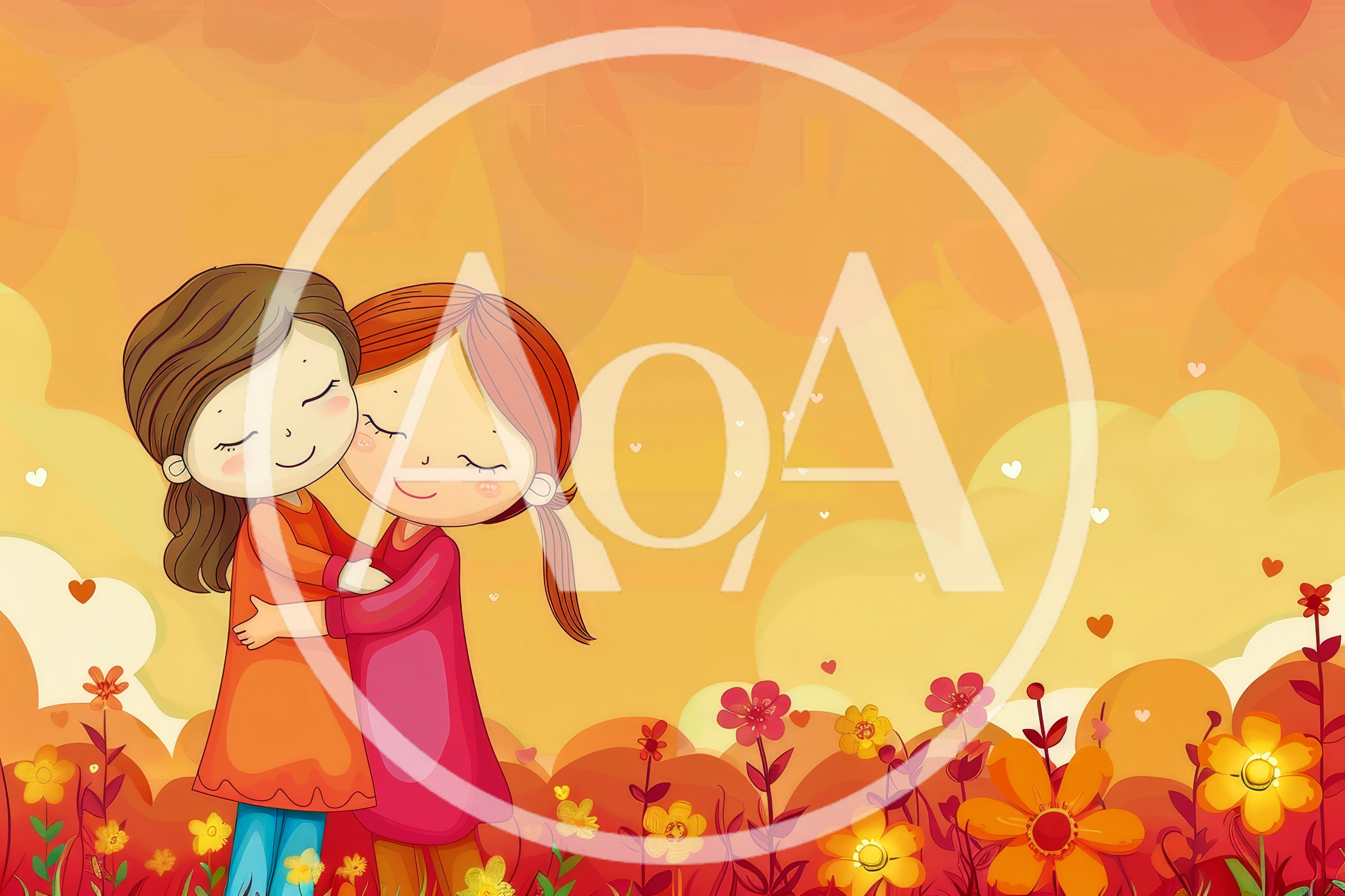 Two Young Girls Embracing In A Floral Meadow