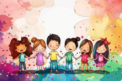 Group Of Diverse Children Holding Hands In Watercolor Style