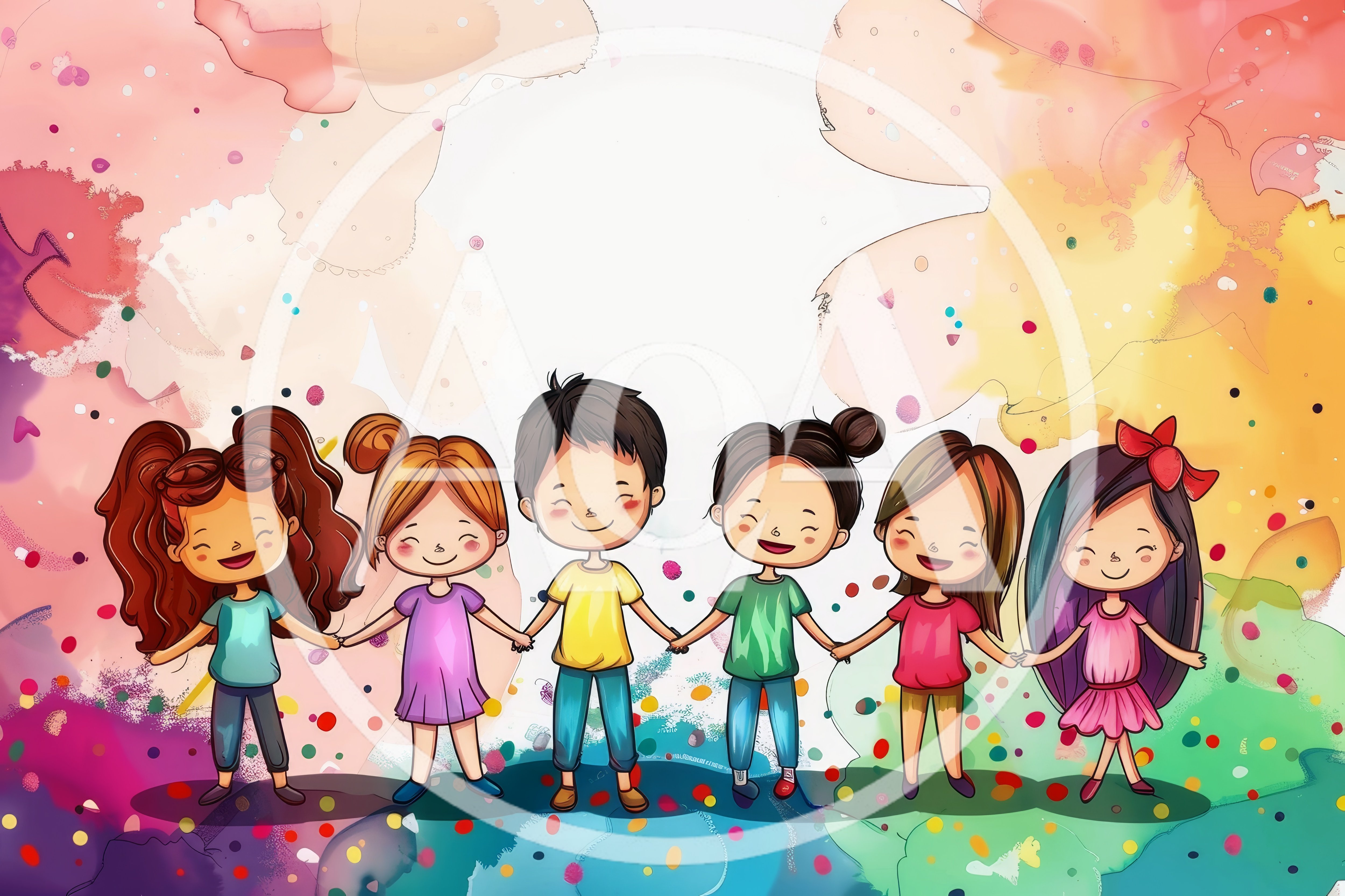 Group Of Diverse Children Holding Hands In Watercolor Style