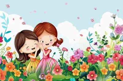 Two Little Girls Whispering Secrets in a Flower Garden