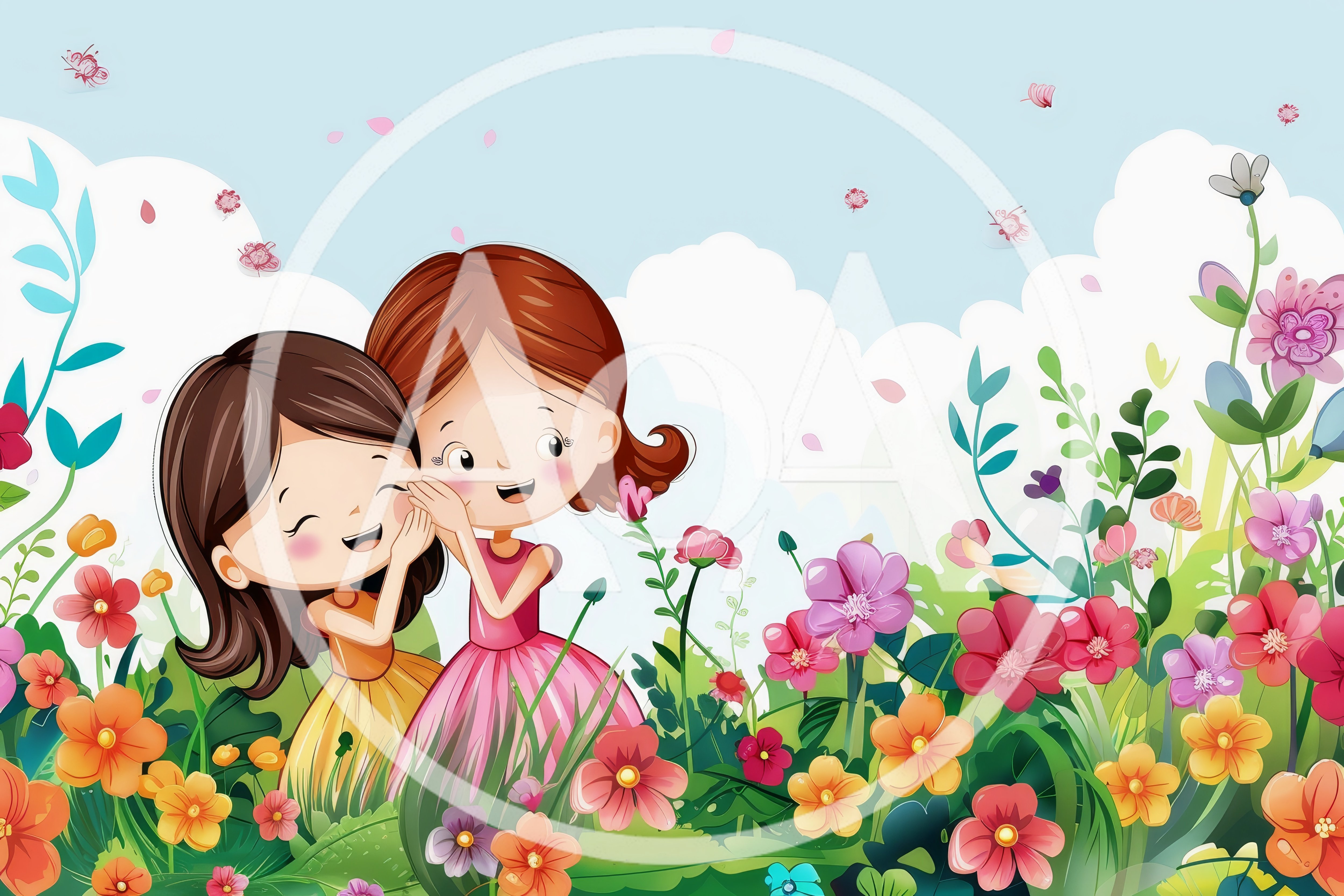 Two Little Girls Whispering Secrets in a Flower Garden