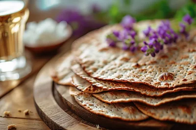 Stack Of Traditional Matzah Bread With Purple Flowers