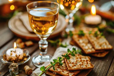 Passover Seder Table Setting With Matzah And Wine