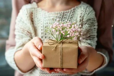 Person Holding A Gift Box Decorated With Flowers