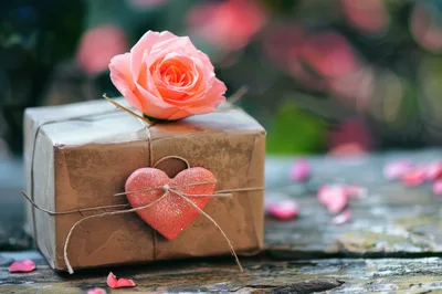 Gift Box With Pink Rose And Heart Ornament