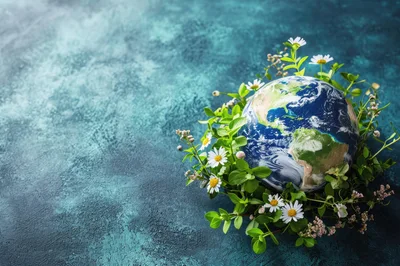 Earth Globe Surrounded By Fresh Greenery And Daisies
