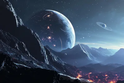 Cinematic Alien Landscape With Glowing Planet And Rings