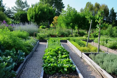 Raised Garden Beds With Fresh Vegetables And Herbs