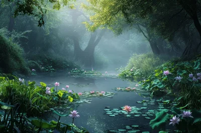 Serene Lotus Pond in a Misty Enchanted Forest