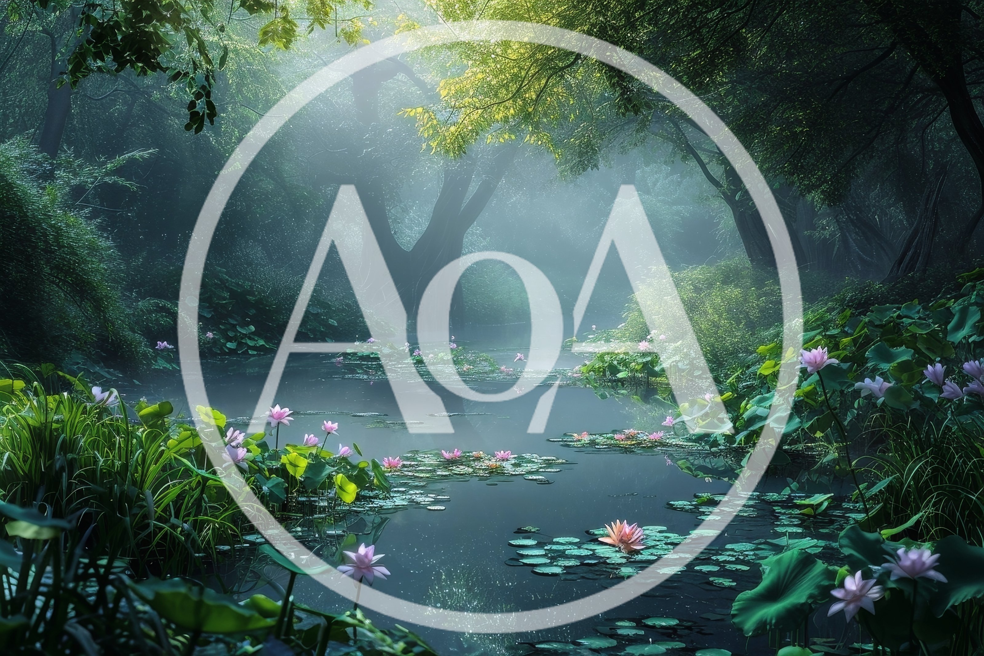 Serene Lotus Pond in a Misty Enchanted Forest