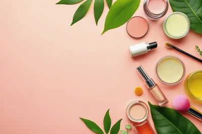 Flat Lay Cosmetics With Green Leaves On Pink Background