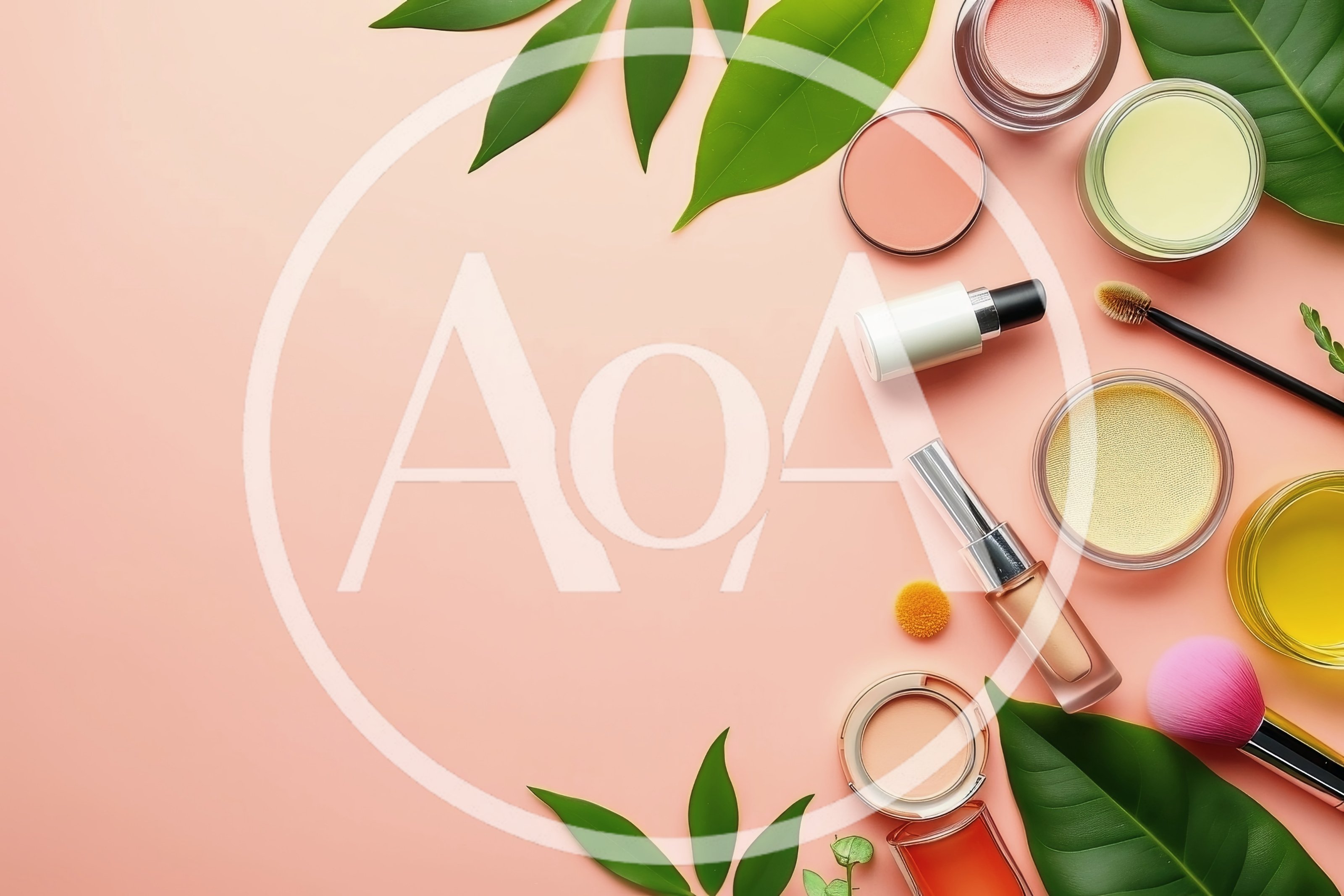 Flat Lay Cosmetics With Green Leaves On Pink Background