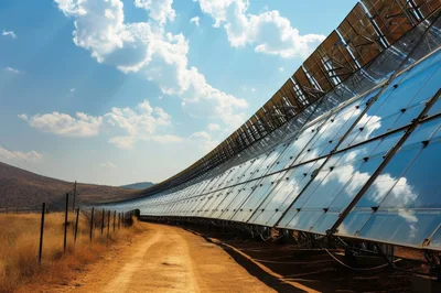 Parabolic Trough Solar Collector Array In Desert Landscape