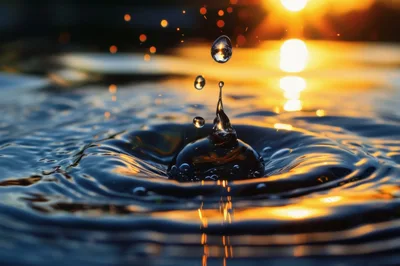 Water Droplet Impact Creating Ripples At Sunset