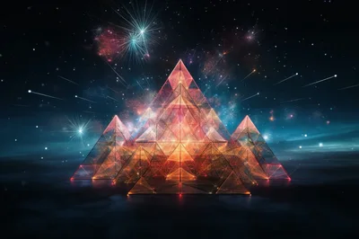 Glowing Geometric Pyramids Under A Cosmic Nebula Sky
