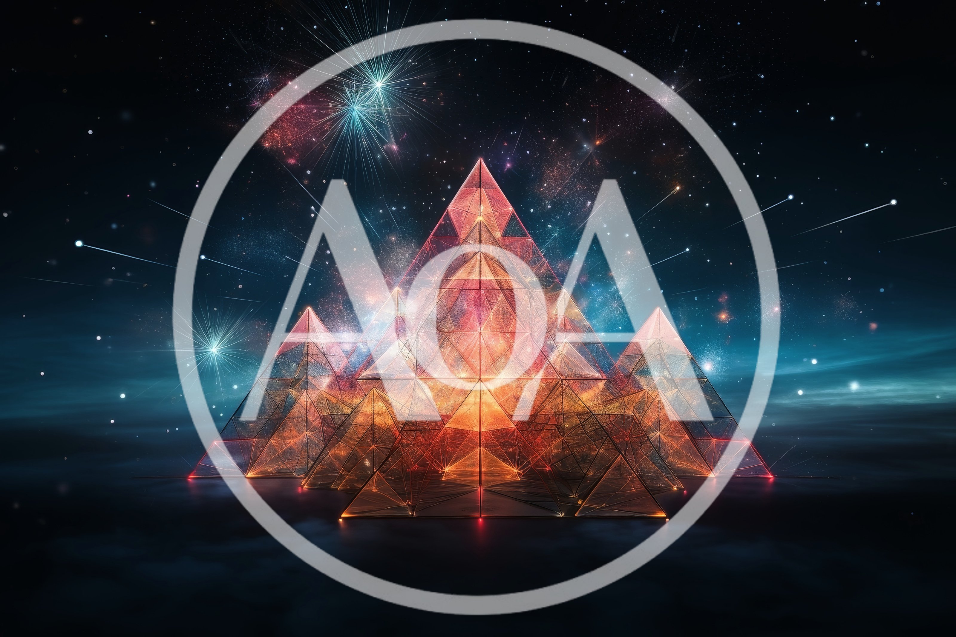 Glowing Geometric Pyramids Under A Cosmic Nebula Sky