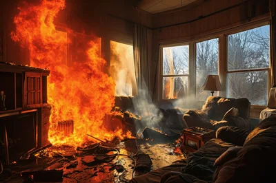 Living Room Interior Engulfed In Intense House Fire