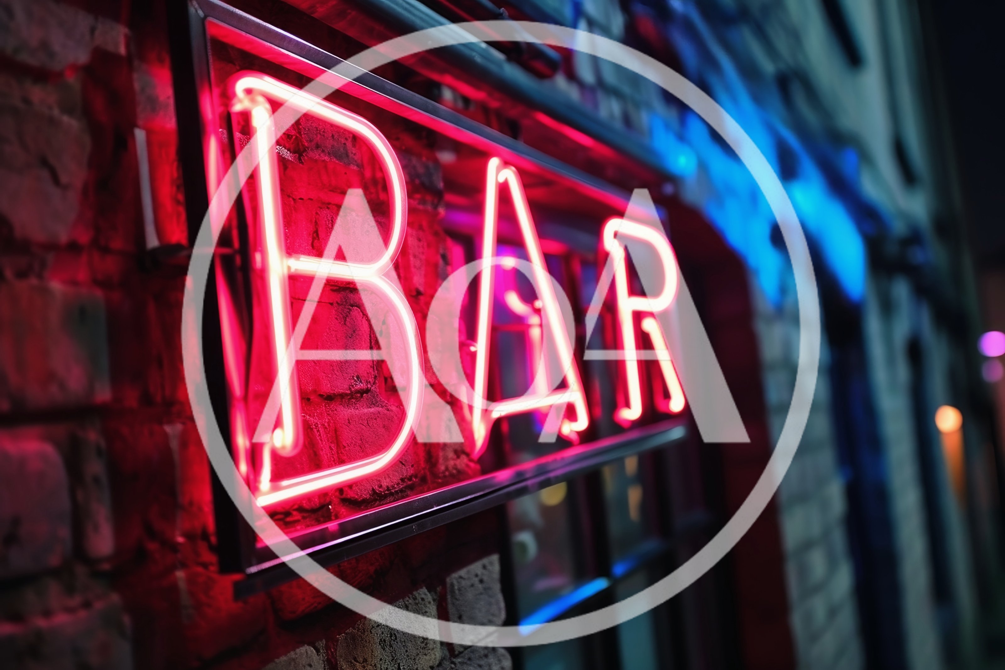 Glowing Red Neon Bar Sign On Brick Wall