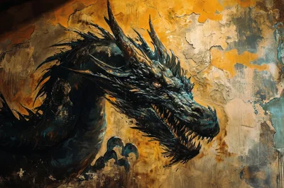Dark Dragon Mural On Weathered Wall