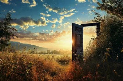 Surreal Open Door Standing In A Golden Meadow