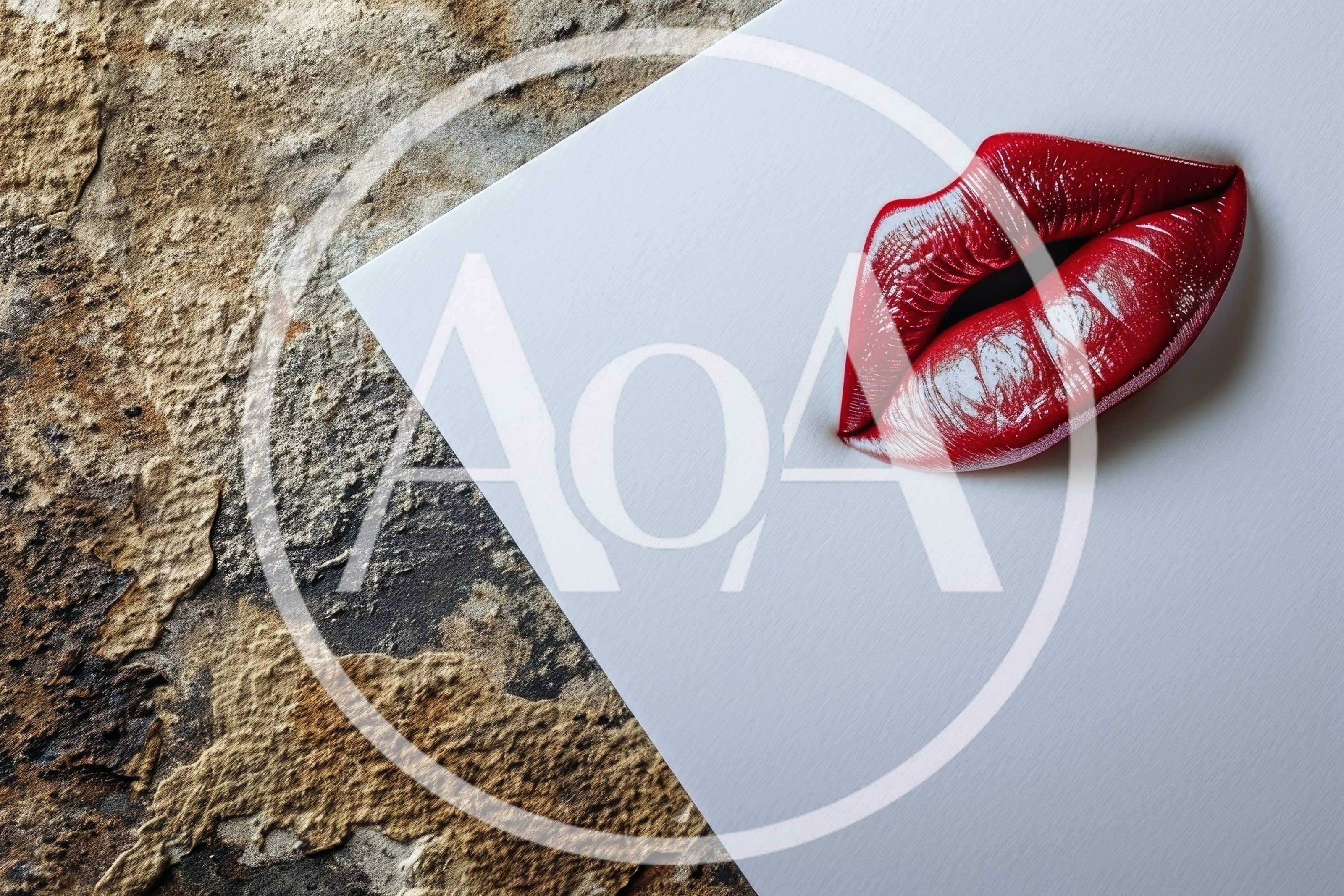 Glossy Red Lips Emerging From White Paper