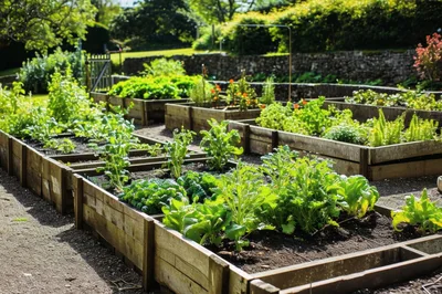 Raised Garden Beds With Lush Green Vegetables