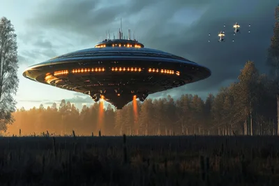 Large Alien Spaceship Hovering Over A Forest Field