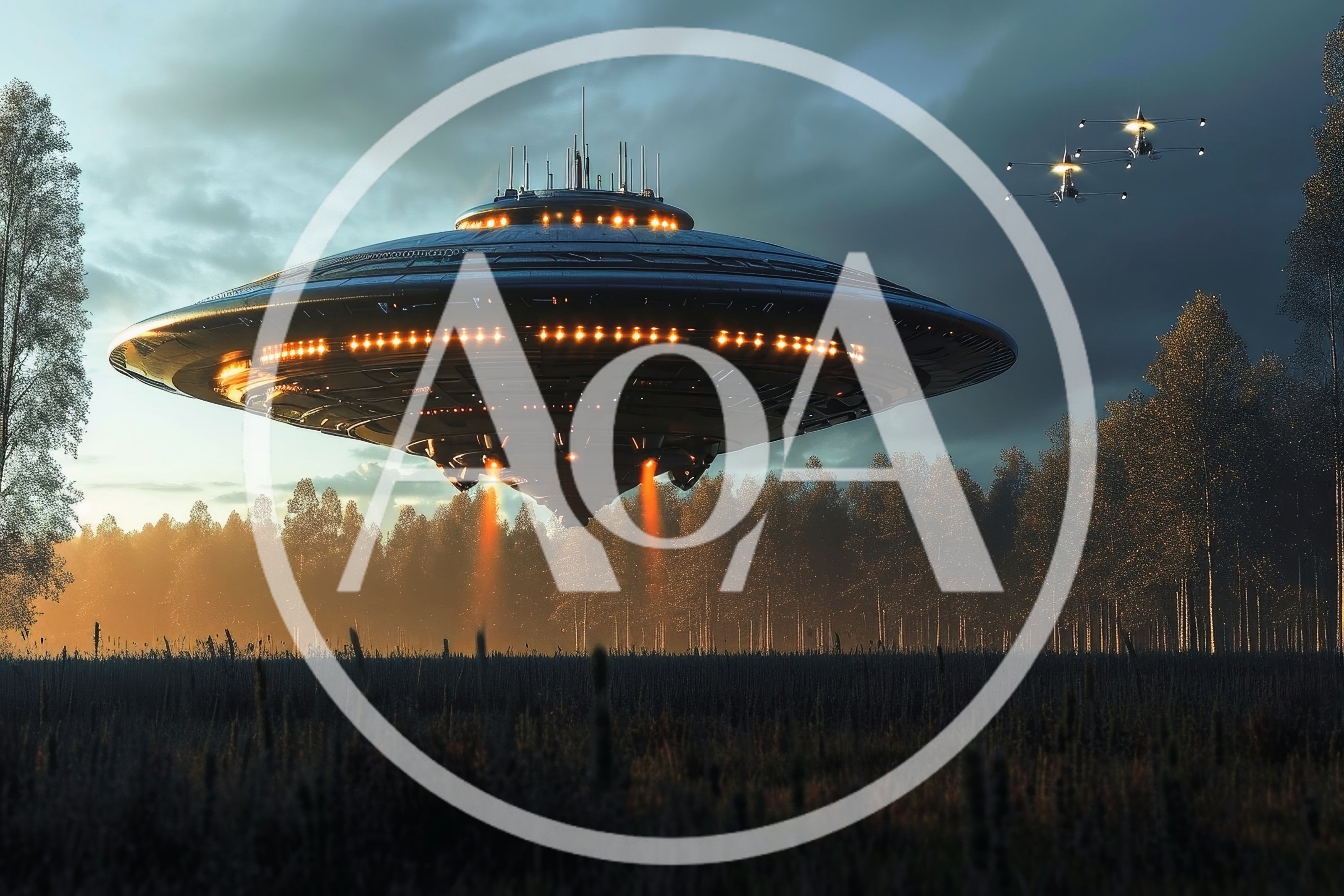 Large Alien Spaceship Hovering Over A Forest Field