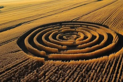 Aerial View Of A Circular Crop Maze In Wheat Field