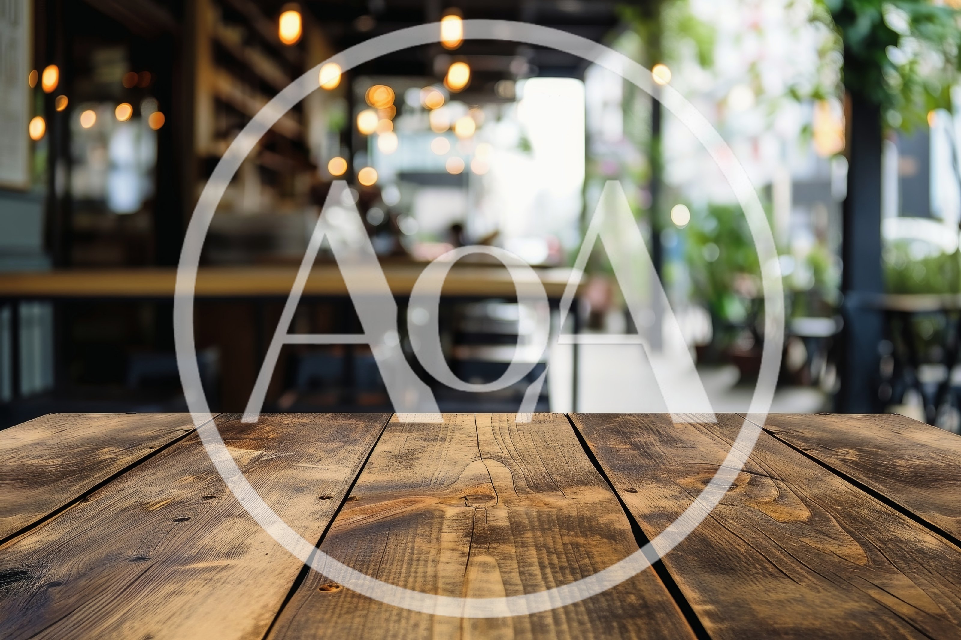 Empty Rustic Wooden Table In A Blurred Cafe Interior
