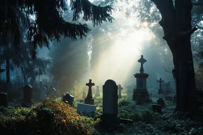 Sunlight Beams Through Foggy Cemetery With Ancient Gravestones