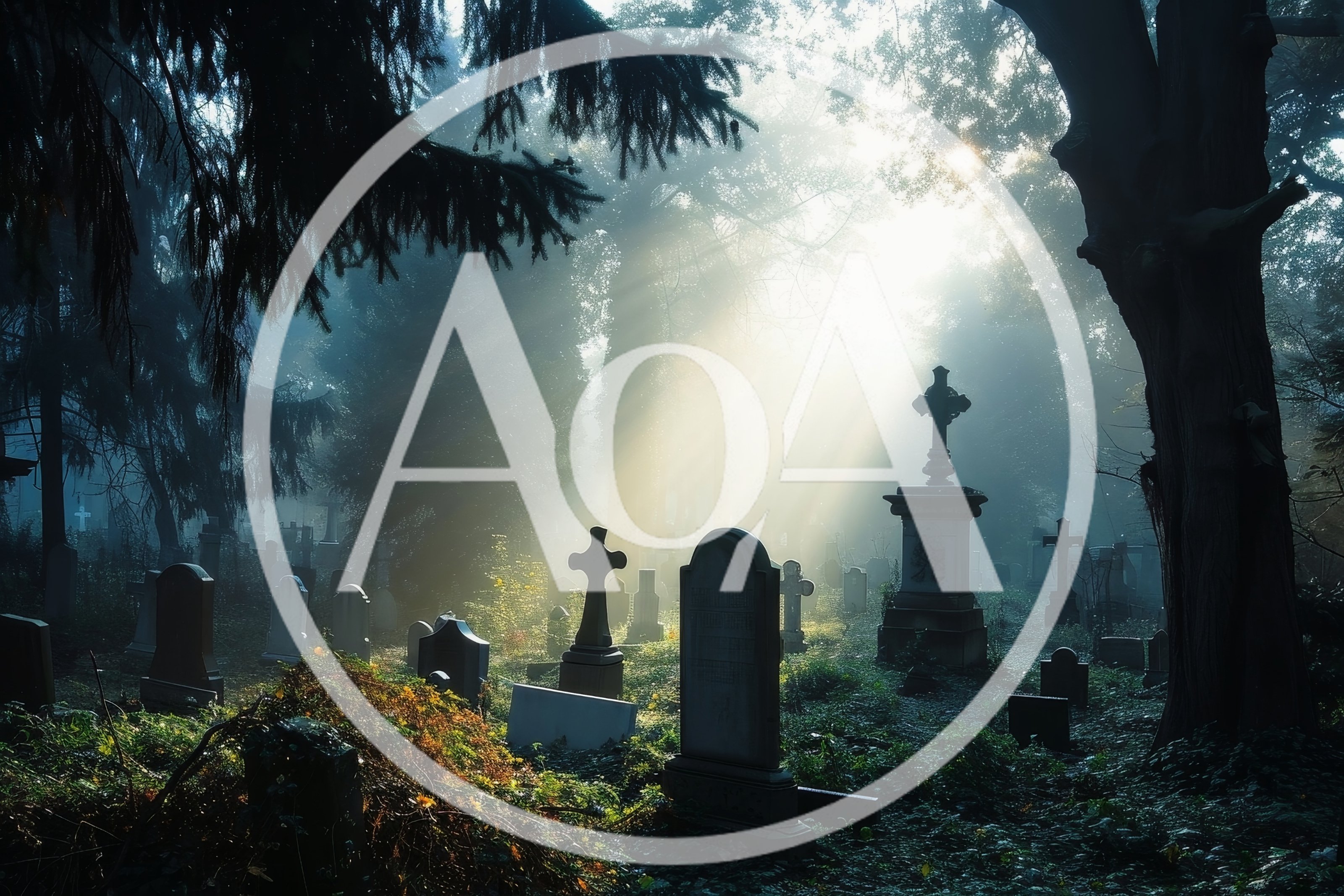Sunlight Beams Through Foggy Cemetery With Ancient Gravestones