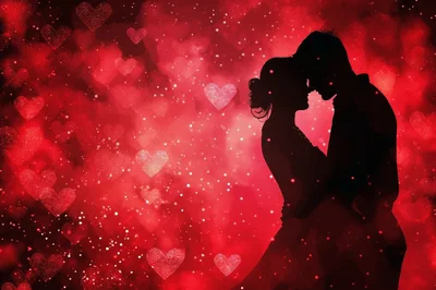 Silhouette Of A Romantic Couple Embracing Against Red Hearts
