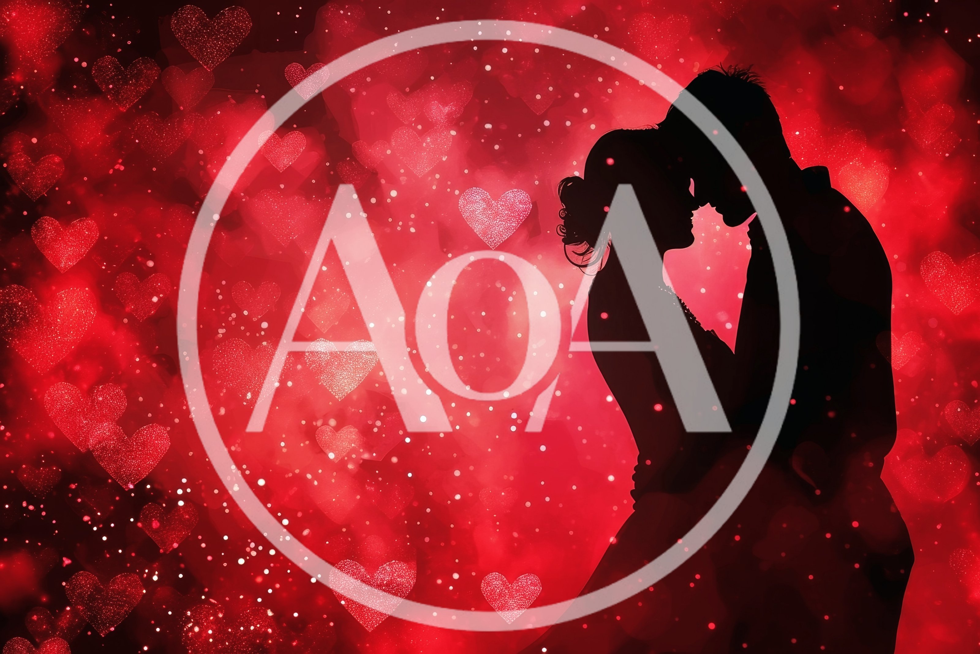 Silhouette Of A Romantic Couple Embracing Against Red Hearts