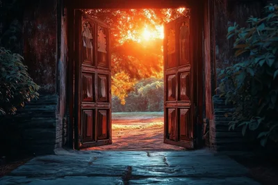 Open Wooden Doors Revealing A Golden Sunset Forest