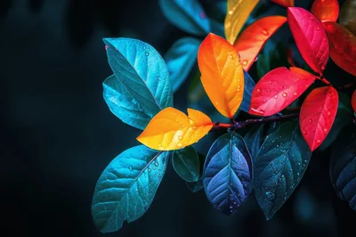 Vibrant Multicolored Leaves With Water Droplets