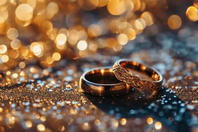Two Elegant Gold Wedding Rings On Glittering Surface