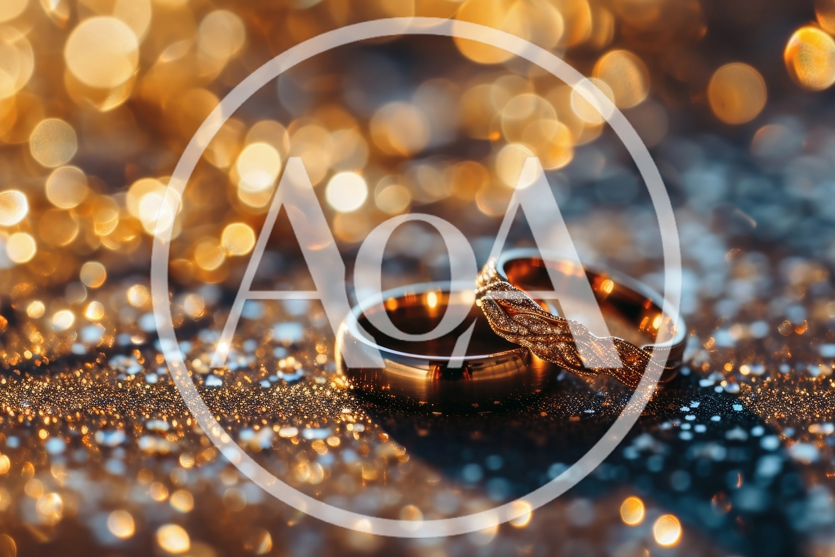 Two Elegant Gold Wedding Rings On Glittering Surface