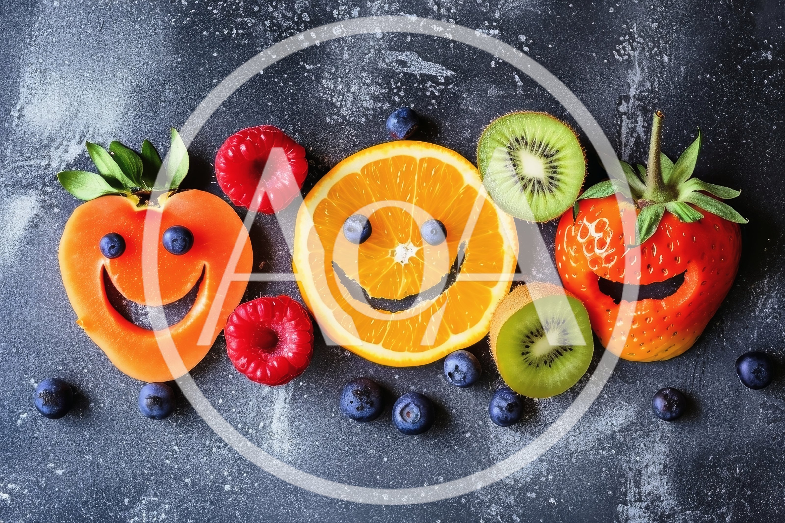 Creative Fruit Faces Arranged on Dark Textured Background