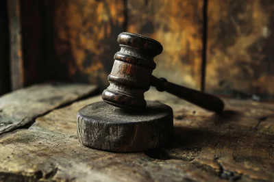Wooden Gavel Resting On A Rustic Sound Block