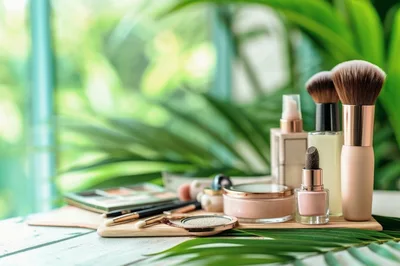 Makeup Brushes And Cosmetics On A Wooden Tray