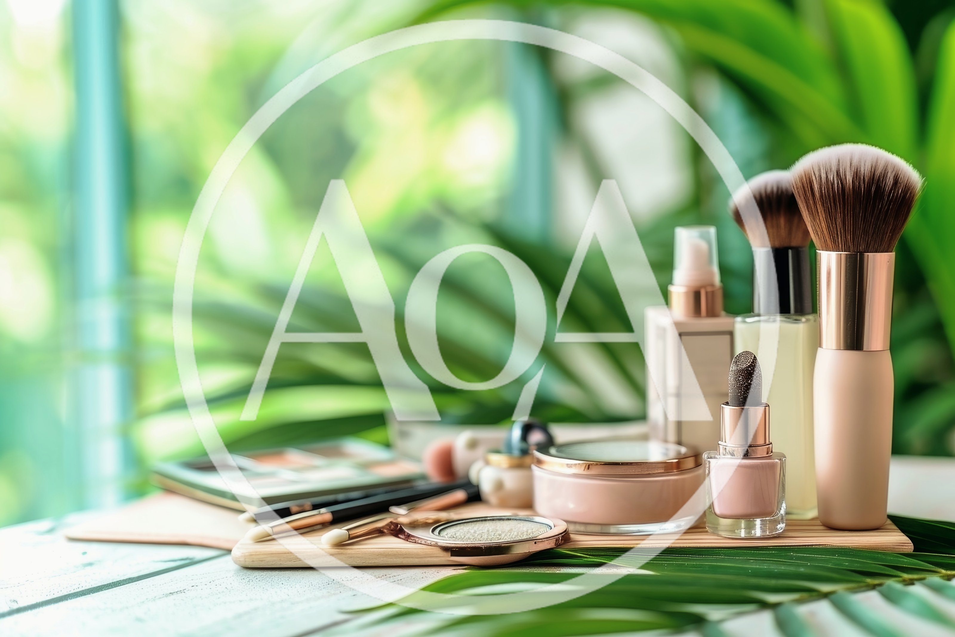 Makeup Brushes And Cosmetics On A Wooden Tray