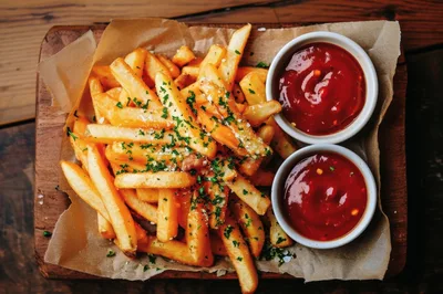 Golden French Fries With Dipping Sauces On Wooden Board