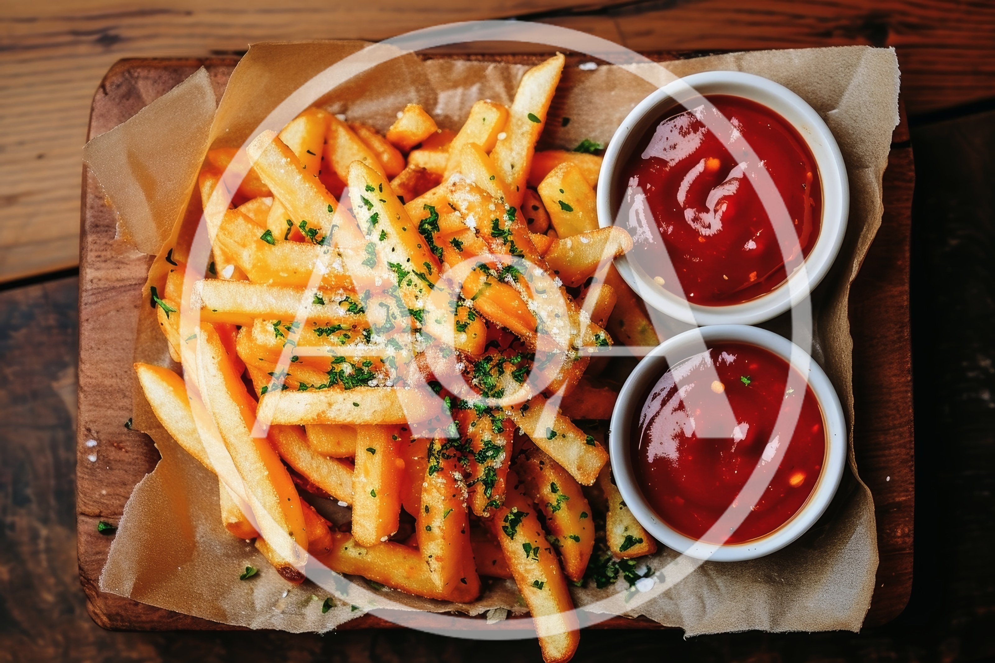 Golden French Fries With Dipping Sauces On Wooden Board