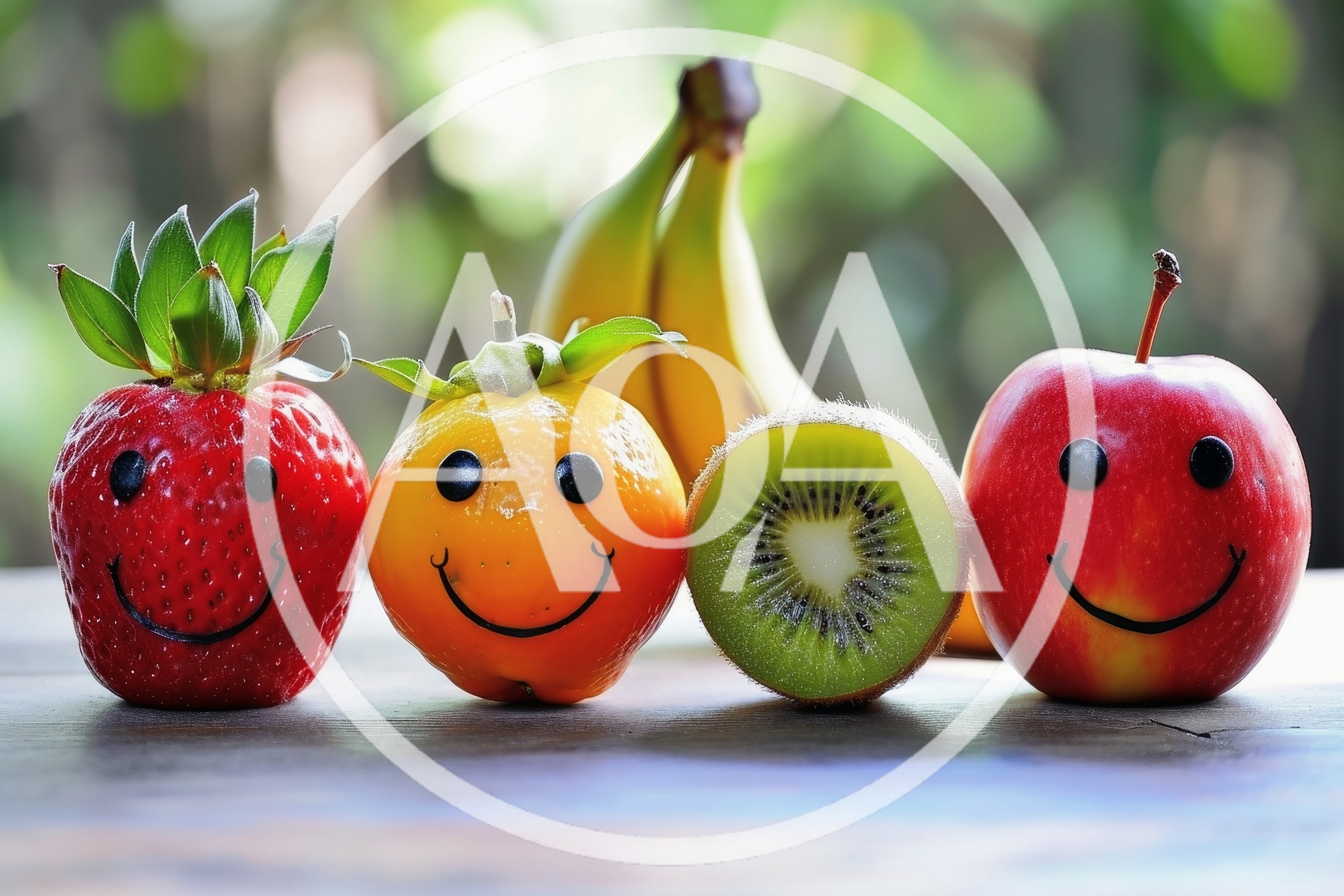 Smiling Fruit Characters Arranged On A Wooden Table