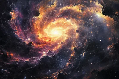 Spiral Galaxy With Glowing Nebula And Star Clusters