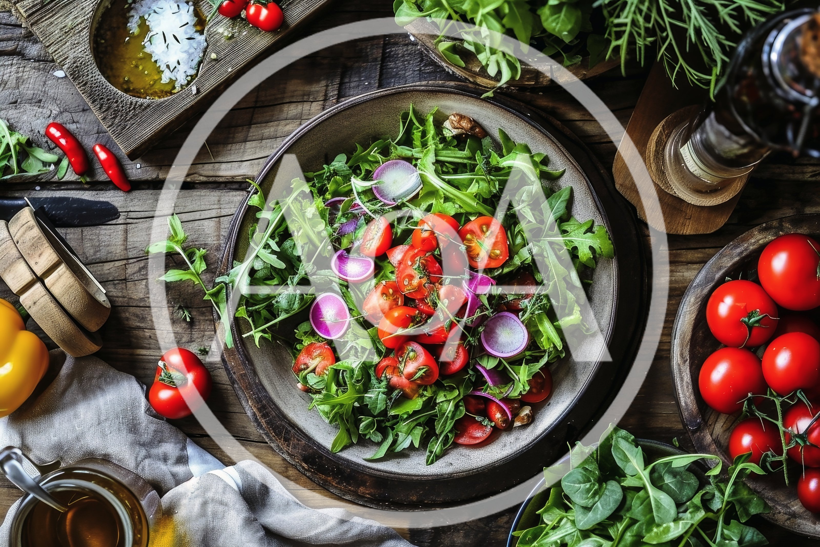 Fresh Salad Bowl With Tomatoes And Radishes On Wood