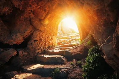 Stone Staircase Leading Out Of A Dark Cave