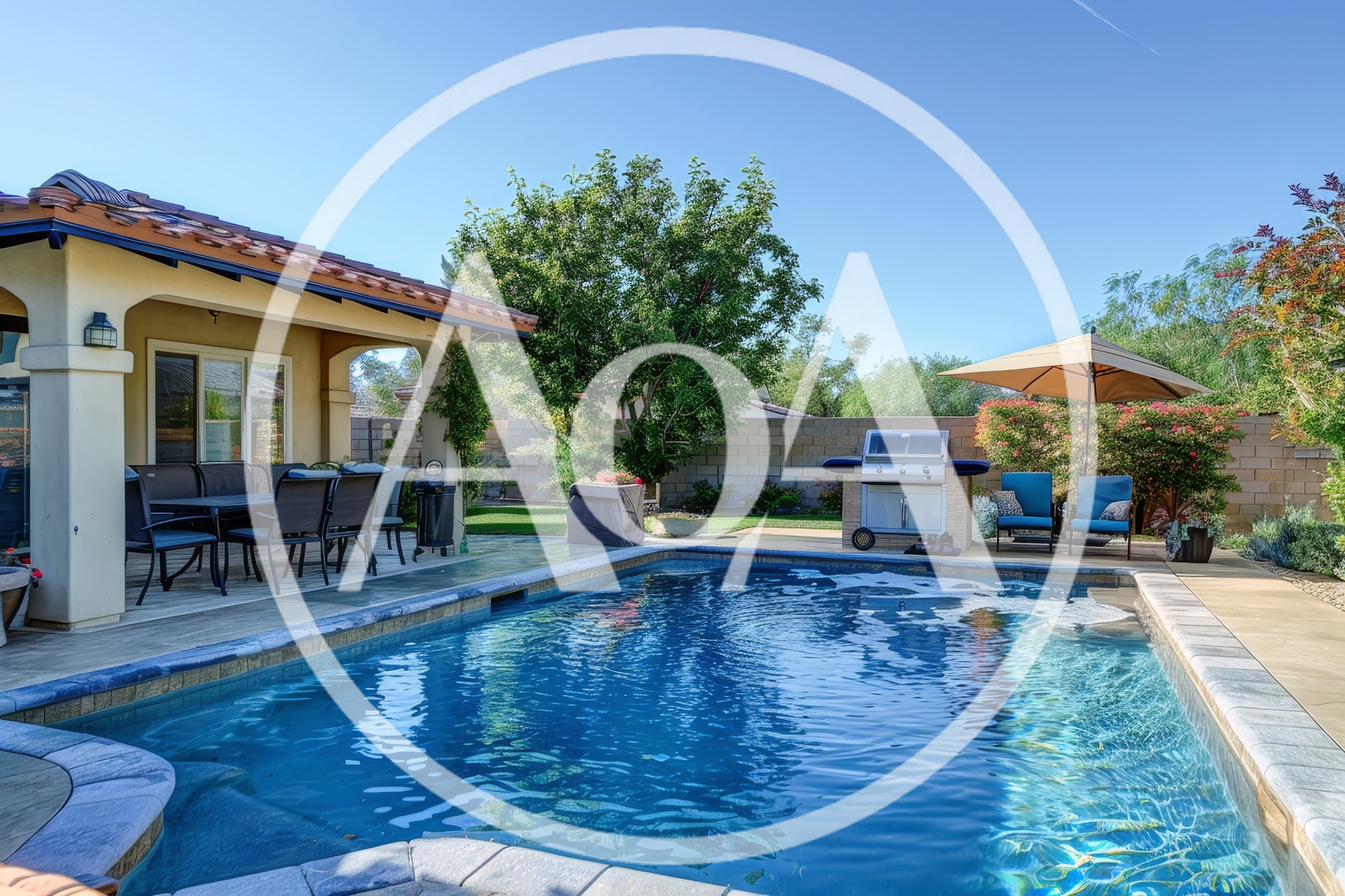 Backyard Patio With Swimming Pool And Outdoor Kitchen