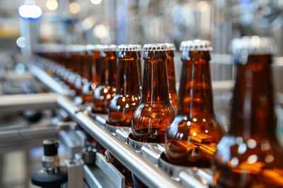 Brown Glass Beer Bottles Moving On Conveyor Belt
